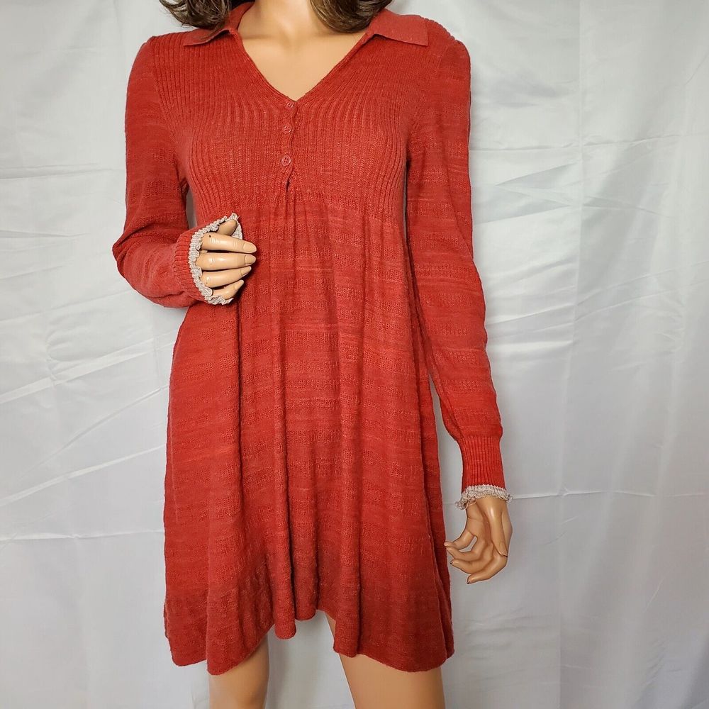 Free People Thermal Waffle Knit Long Sleeve Henley Dress Size Burnt Orange Small